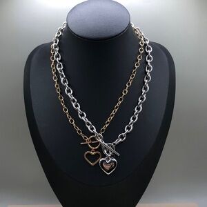 Bundle 2 heart charms pendant chain necklaces, front toggle clasp.